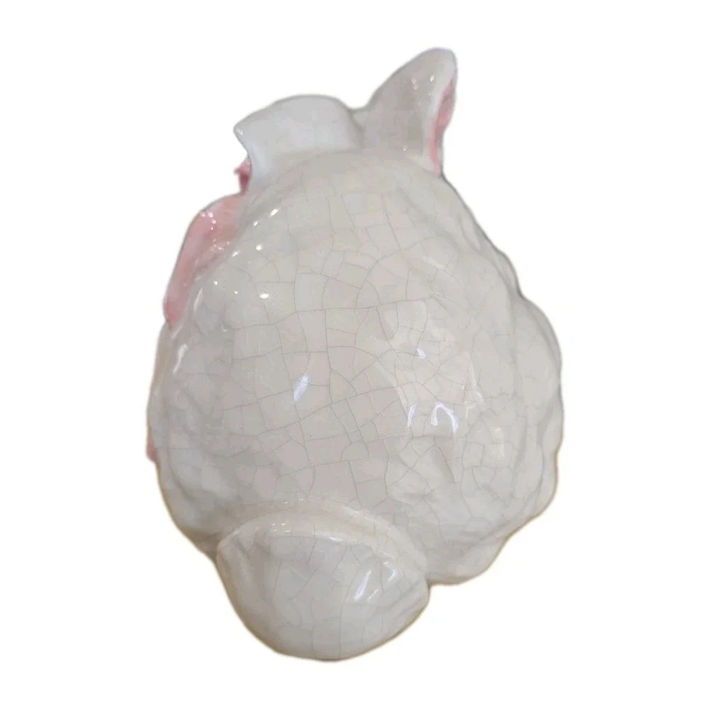 VTG Lot 2 white crackle glaze ceramic bunny pink bow Kitsch Easter Spring Size L